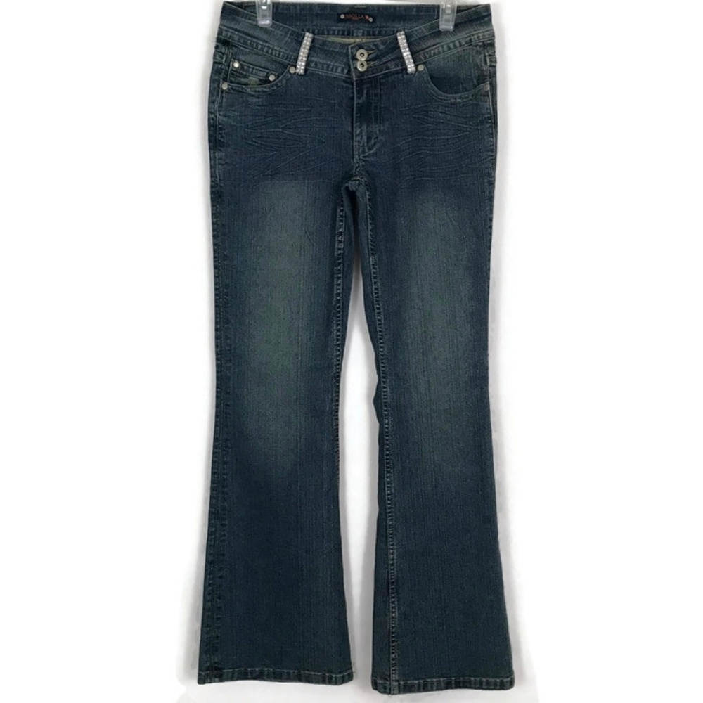 Vanilla Womens Jeans Size 7 Medium Wash Flare Stretch Embellished Distressed
